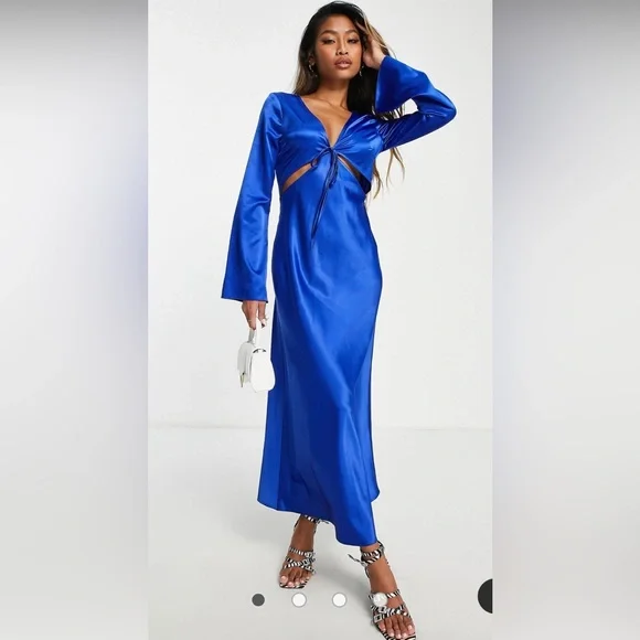Topshop | Dresses | Topshop Satin Cut Out Midi Dress In Blue | Poshmark